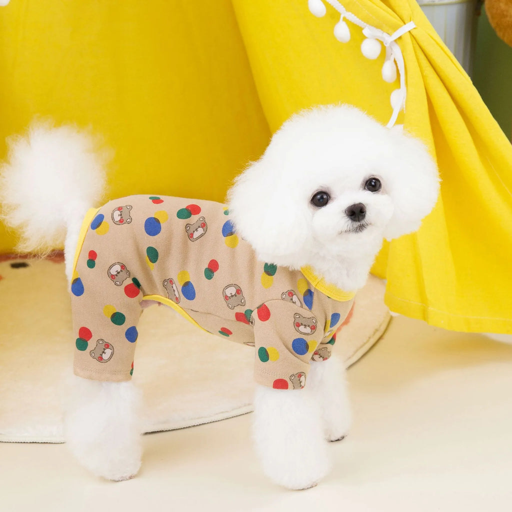 Beige dog t-shirt with a colourful cartoon bear print, showing a casual fit on a pet.