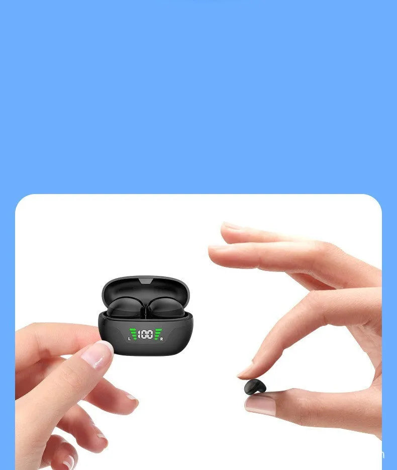 Black super mini wireless Bluetooth in-ear headset with digital display screen showing battery and connection status