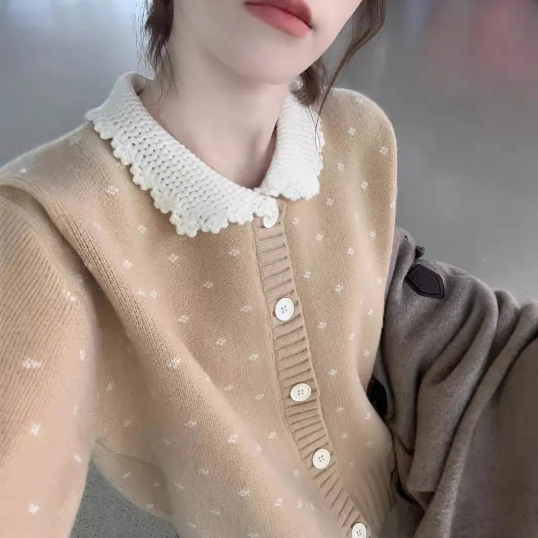 Floral pattern knitted cardigan with Peter Pan collar in Japanese Korean casual style