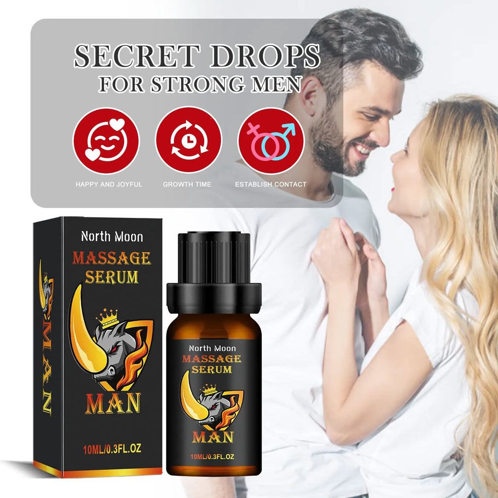 10ml bottle of men's massage essential oil for external body care containing mineral oil, jojoba oil, and ginger root oil.