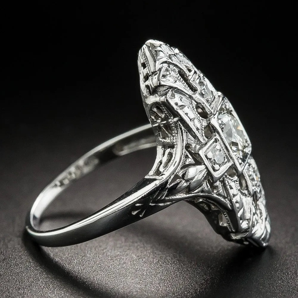 Silver electroplated hollow out geometric copper ring with diamond studs on finger
