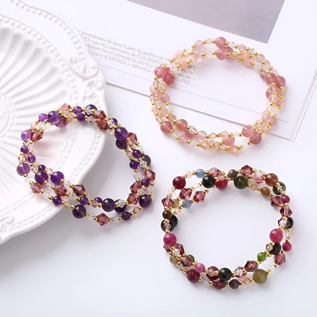 Handmade adjustable crystal three-ring bracelet in tourmaline, strawberry quartz or amethyst colours