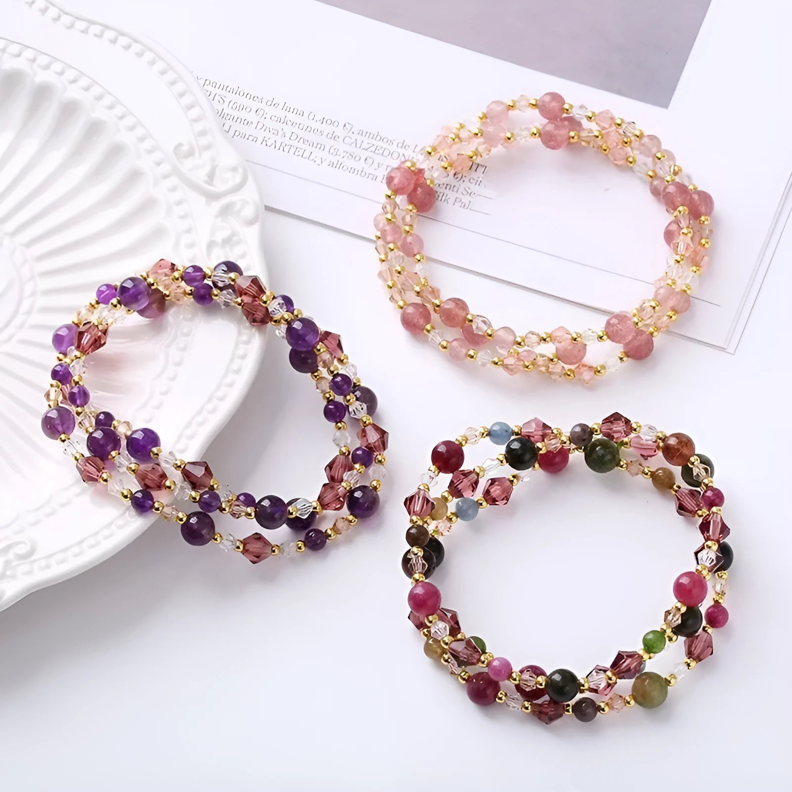Handmade adjustable crystal three-ring bracelet in tourmaline, strawberry quartz or amethyst colours