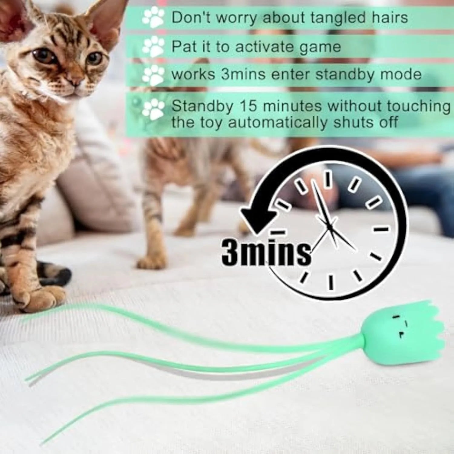 Green automatic cat wand toy with swinging silicone tails on white background