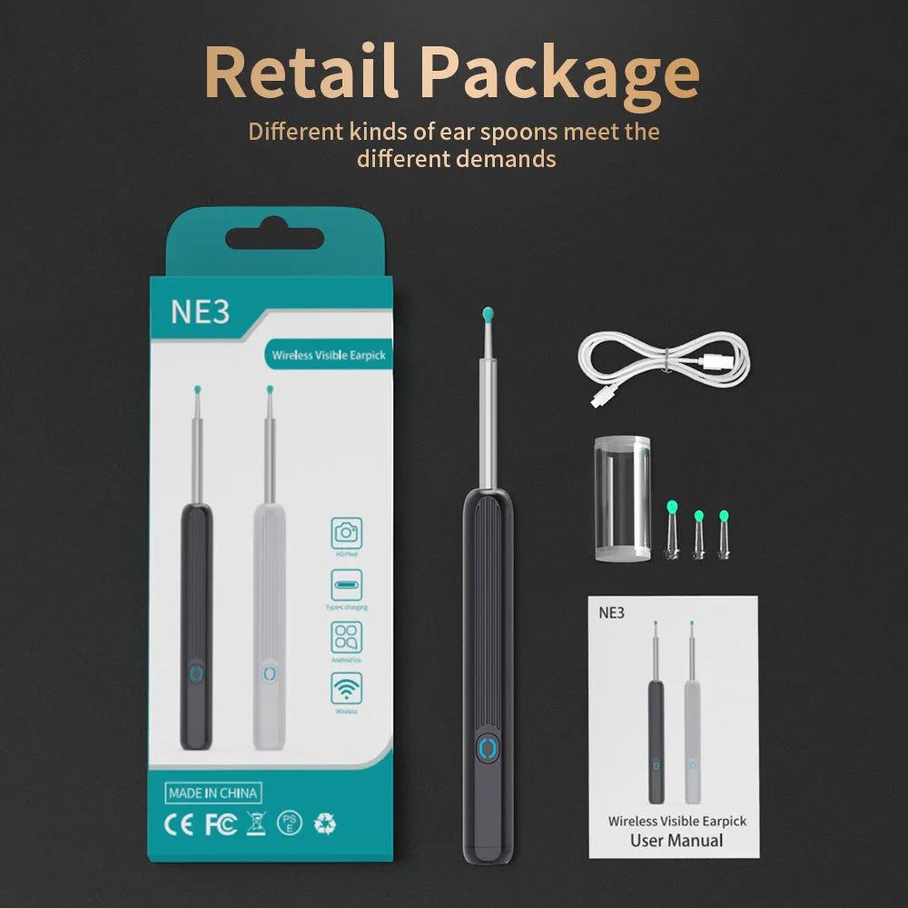 Black NE3 wireless otoscope ear cleaner with camera, Type-C cable, and four spoon heads on a white background.