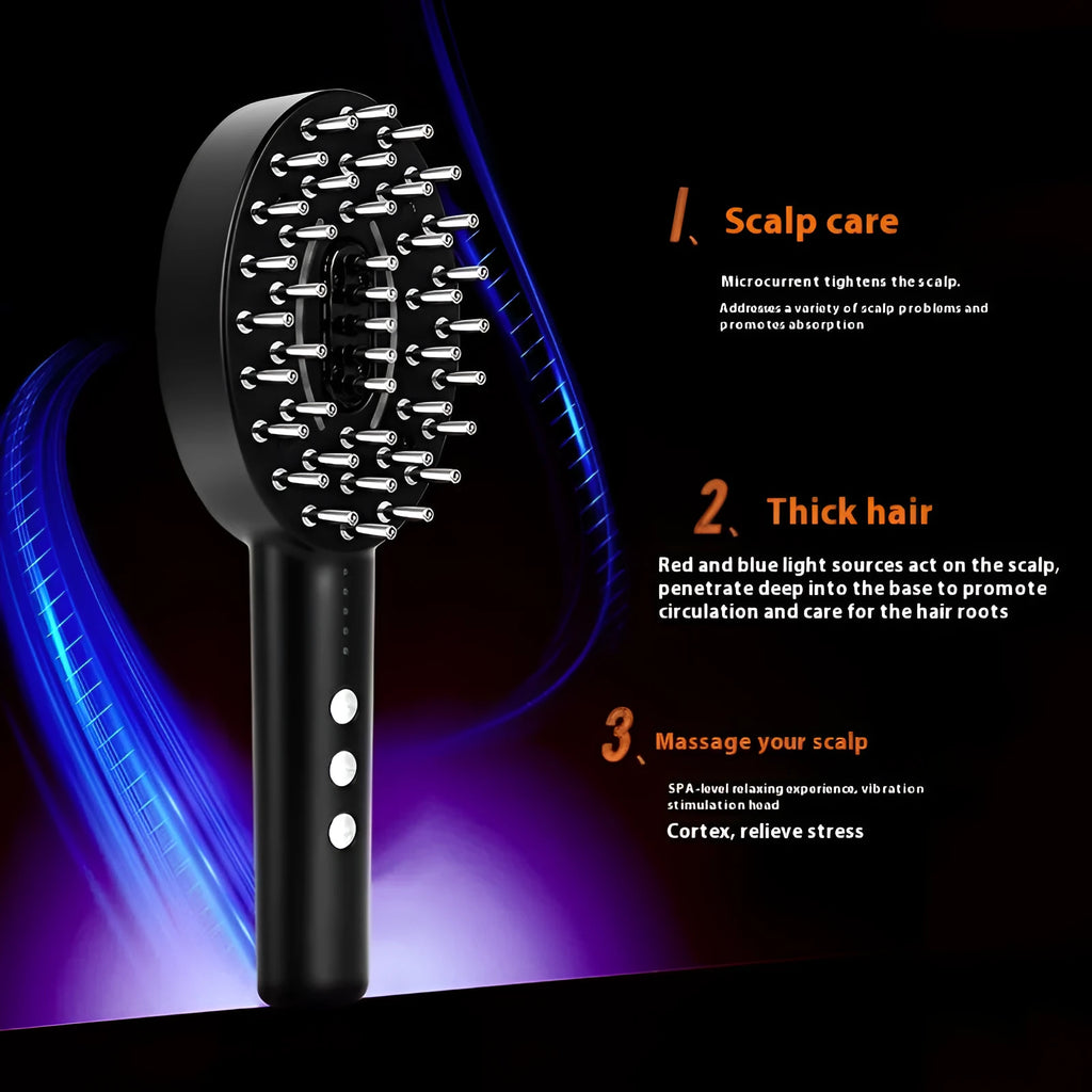 KD3802 black scalp vibration massager device with charging cable on a neutral background.