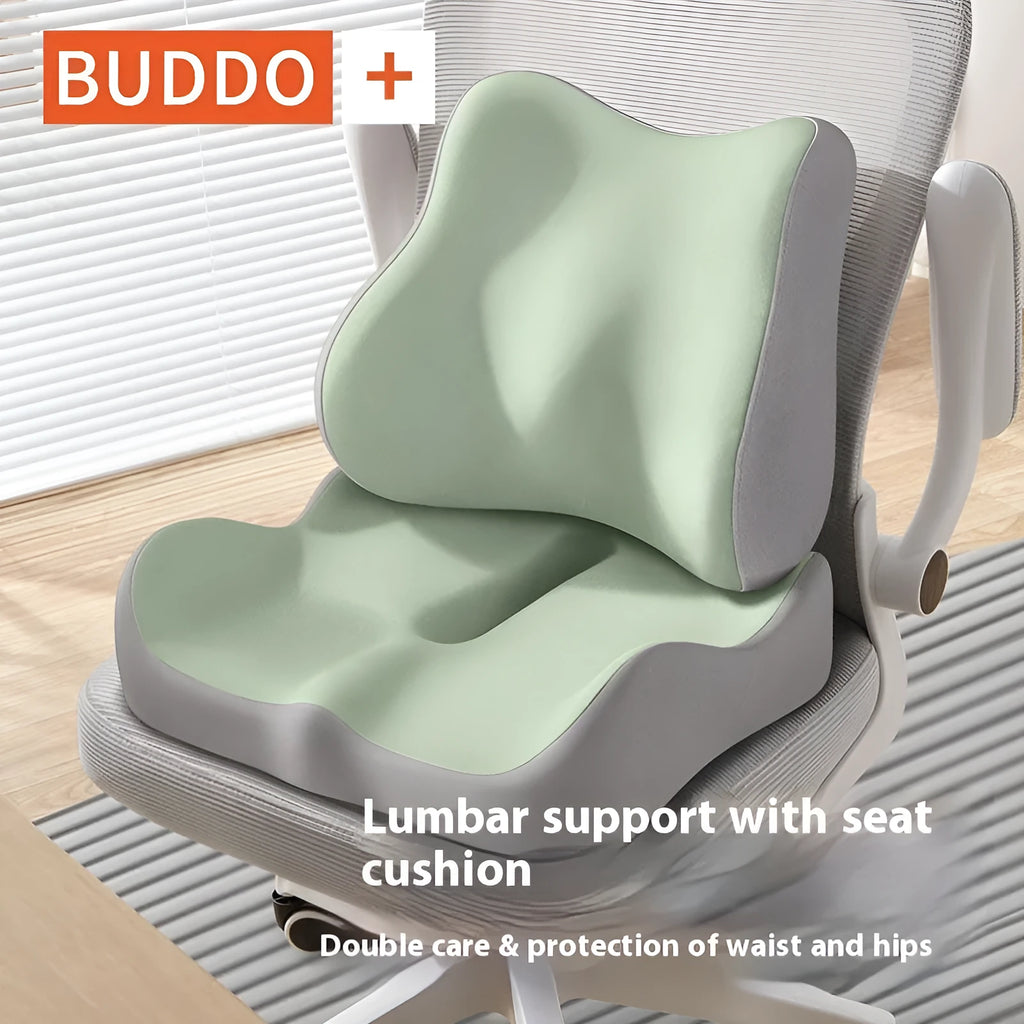 Solid-colour office seat cushion with memory foam for waist and tailbone support, shown in a blue and grey colour combination.