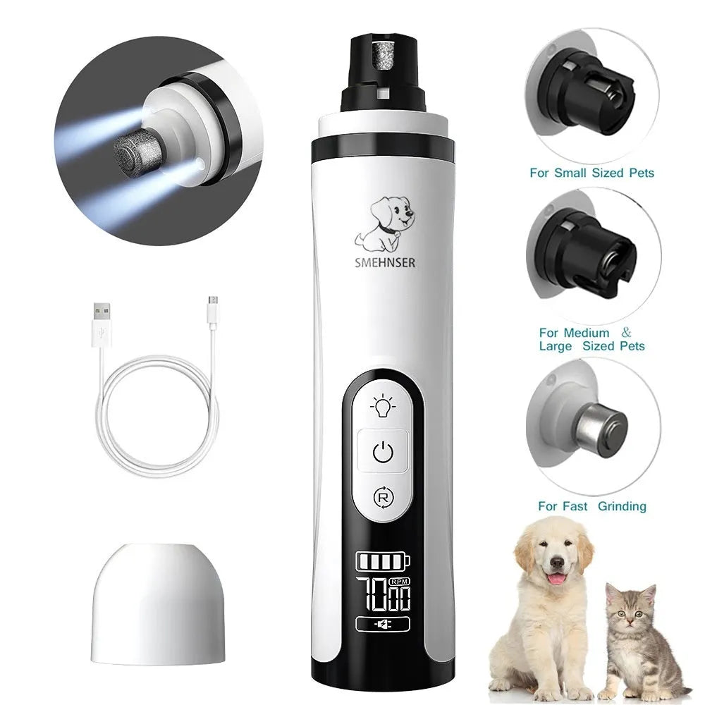 Automatic electric nail grinder for dogs with LED display and dust collection compartment.