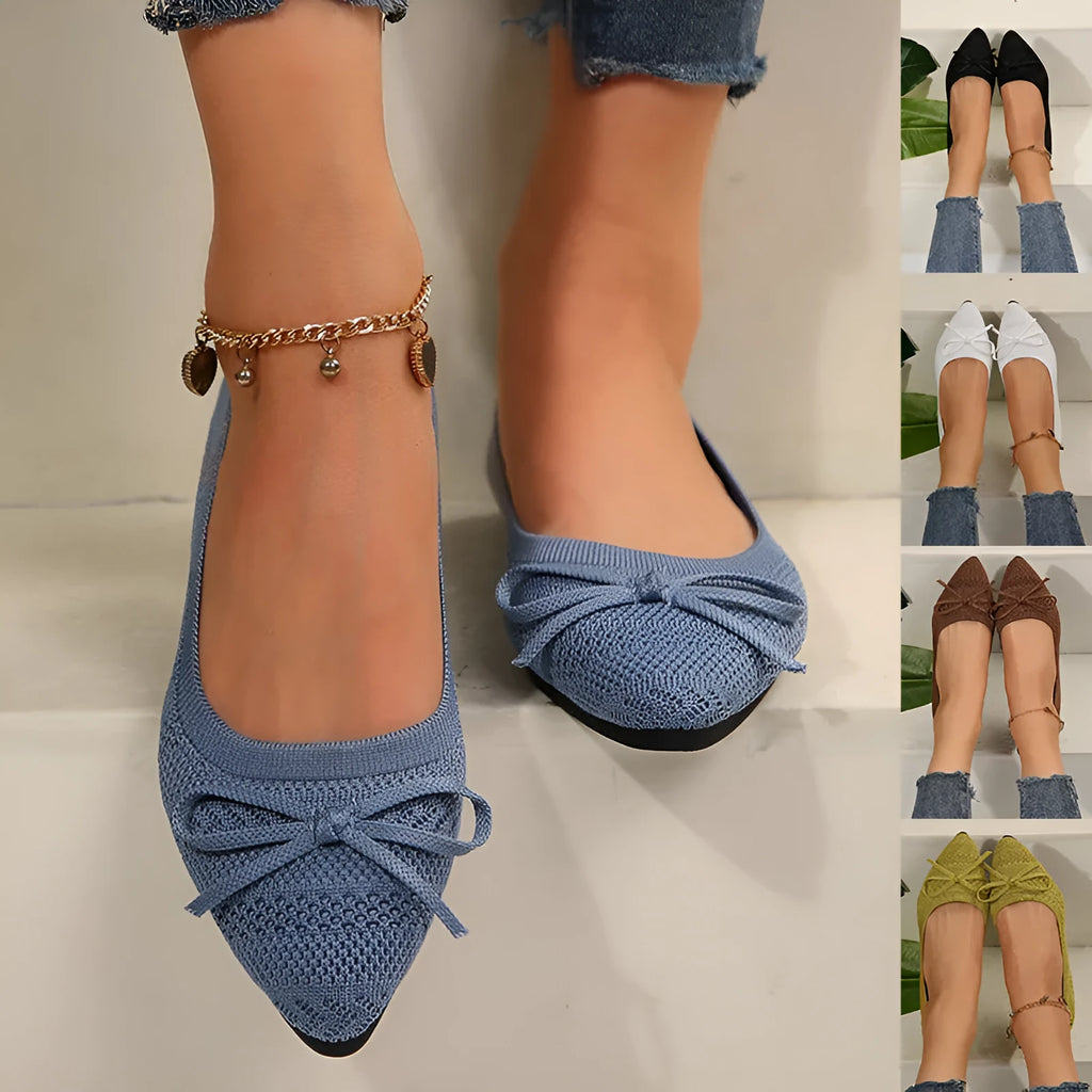 Women's pointed-toe knitted loafers with bow detail in matcha green colour
