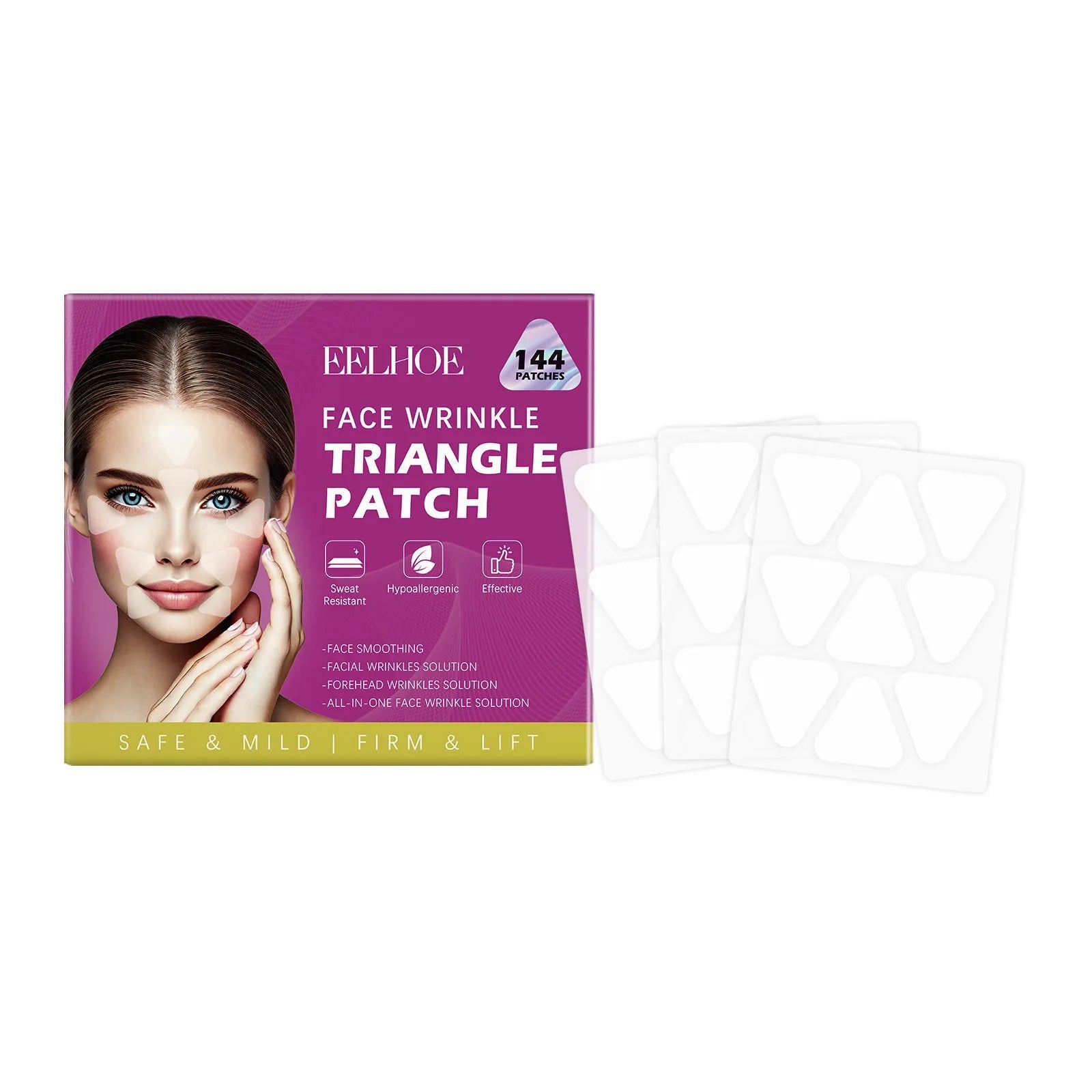 Pack of 144 clear hydrogel facial patches for fine lines on eyes and forehead.