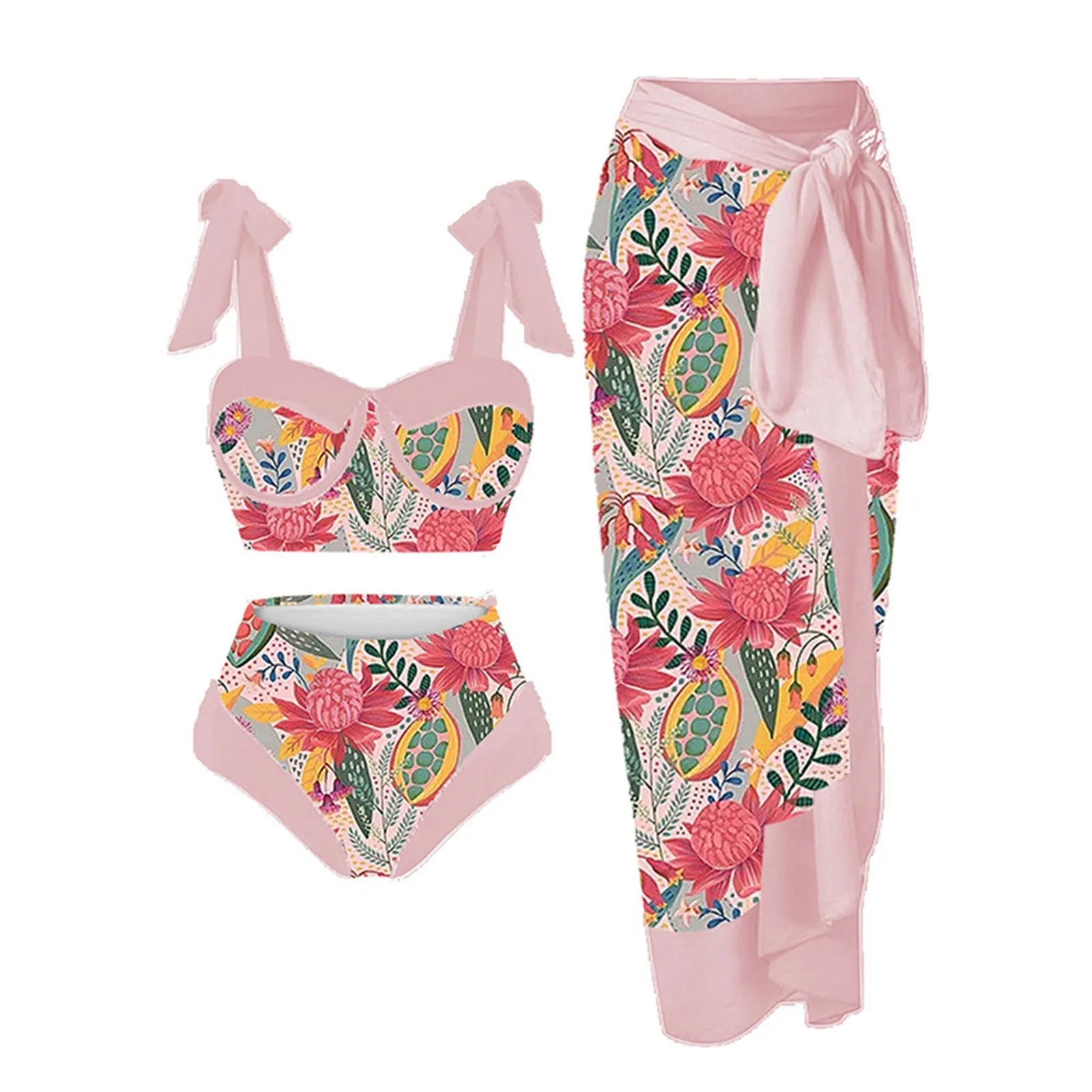 Women's printing split swimsuit three-piece set in polyester fabric showing skirt, bra, and panties components