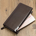 Men's long black PU leather wallet with a multifunctional zipper closure laid open showing seven card slots.