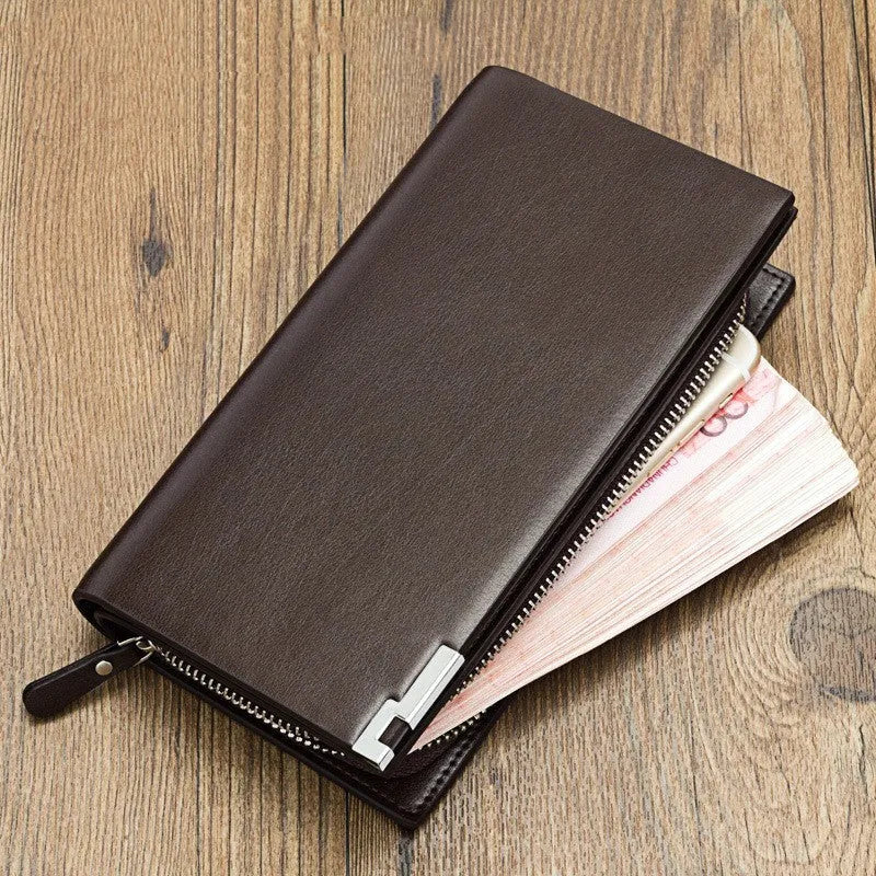 Men's long black PU leather wallet with a multifunctional zipper closure laid open showing seven card slots.