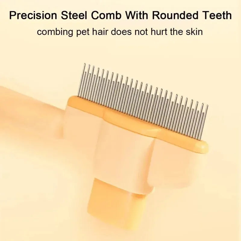 Green and yellow pet grooming brush with one-click hair removal mechanism for dogs