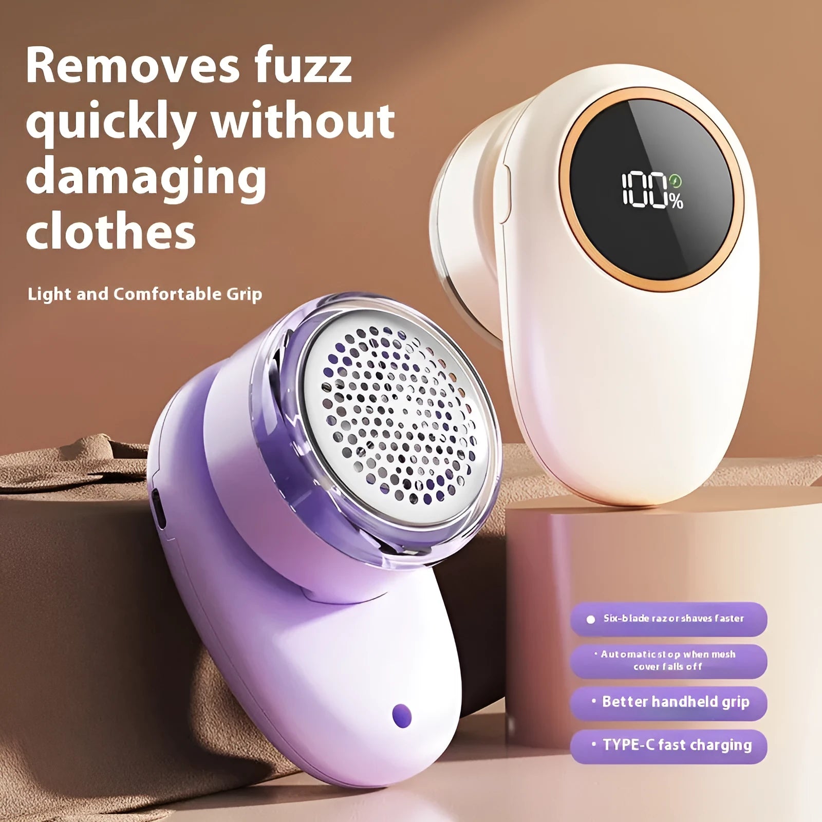 Digital fur ball trimmer with multiple cutter heads in purple or beige colour options