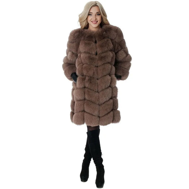 Women's longline thick artificial fur coat in wine red colour, showing regular sleeves and full-length design.