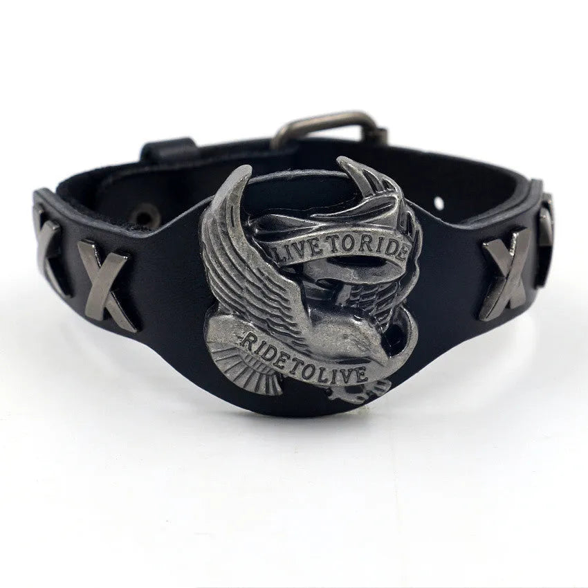Black leather bracelet with a silver alloy eagle motif on a tapered band