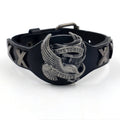 Black leather bracelet with a silver alloy eagle motif on a tapered band