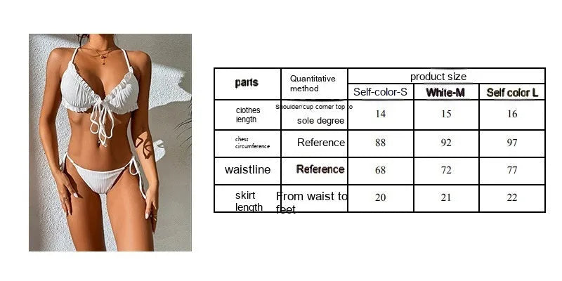 Women's black lace-up backless bikini swimsuit with sunken stripe pleated detailing