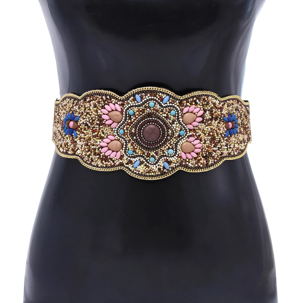 Beaded imitation turquoise elastic waistband belt on faux leather with visible stitching, unisex adult size