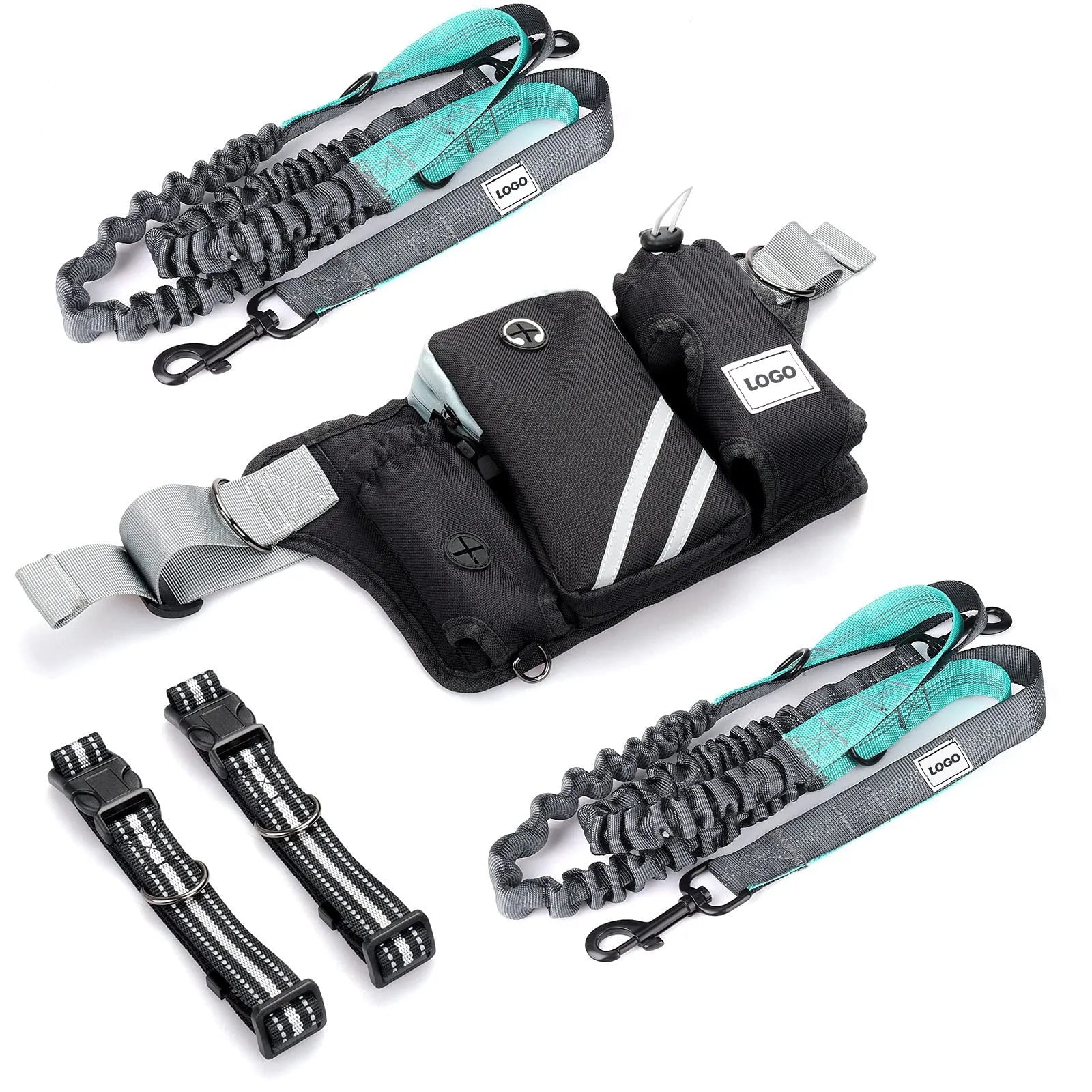 Black waterproof nylon pet training waist bag with dog leash and collar set for outdoor use