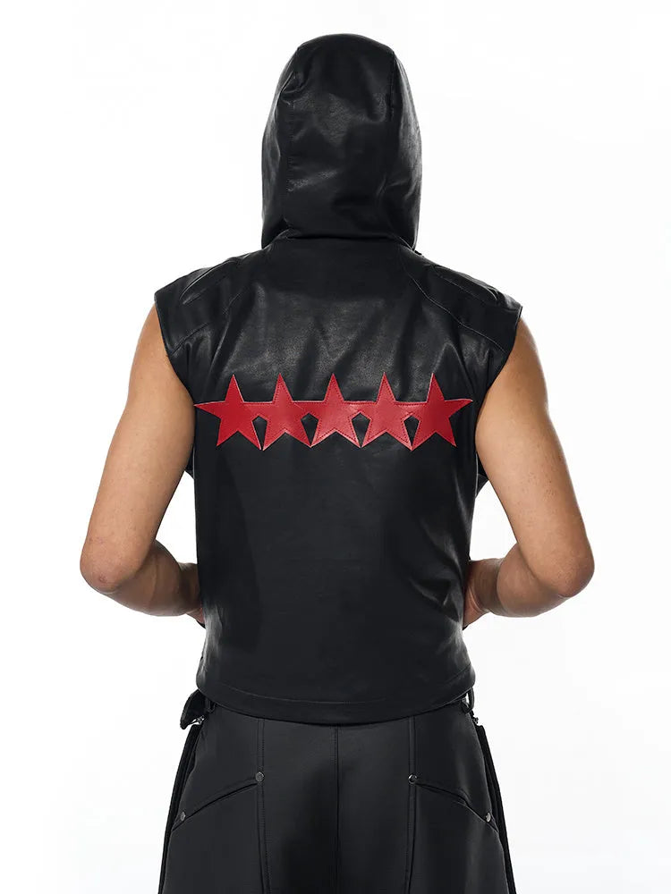 Men's black slim fit leather waistcoat coat with hood and five-pointed star decoration