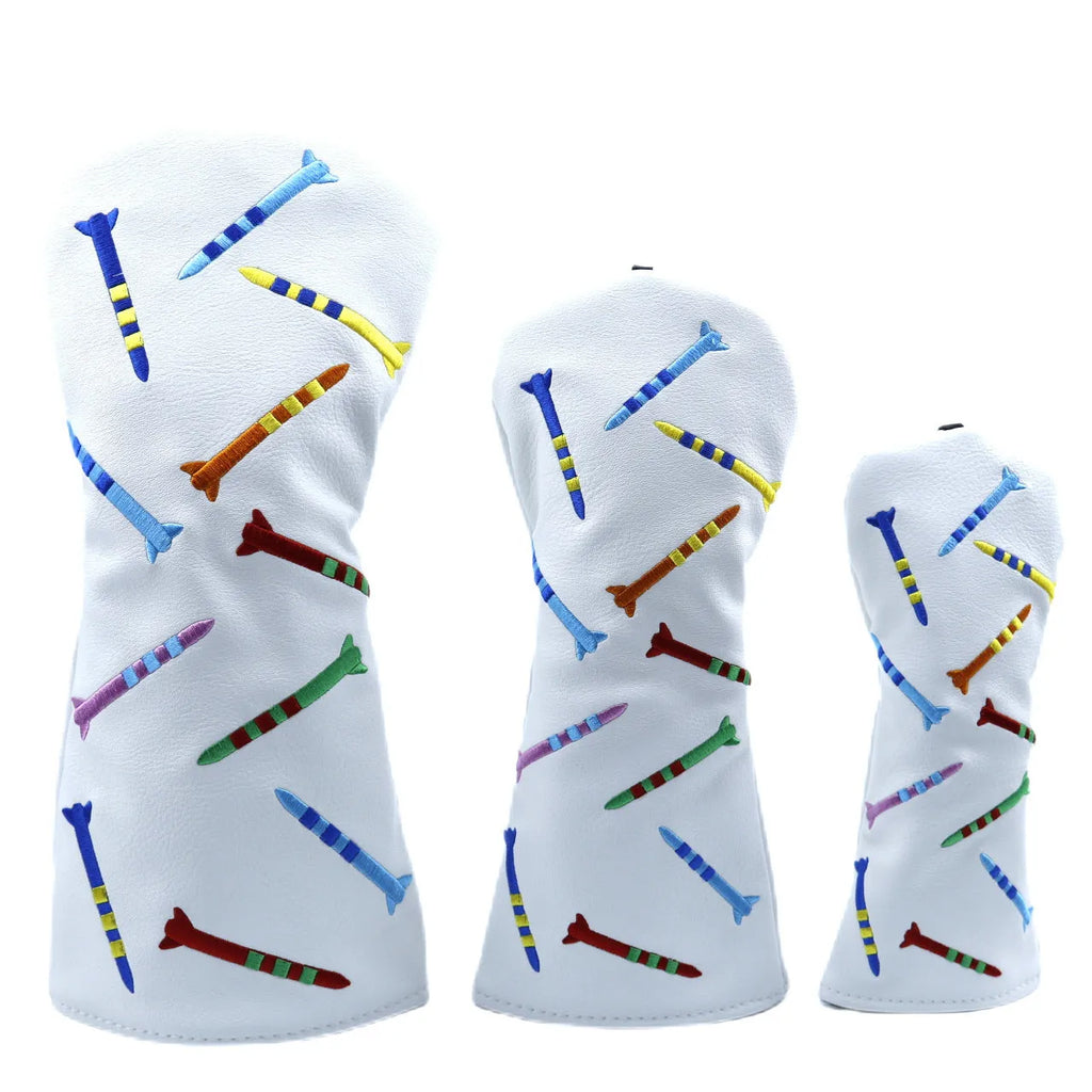 Golf club wooden pole sets in black and white colours showing large, medium, and small size options
