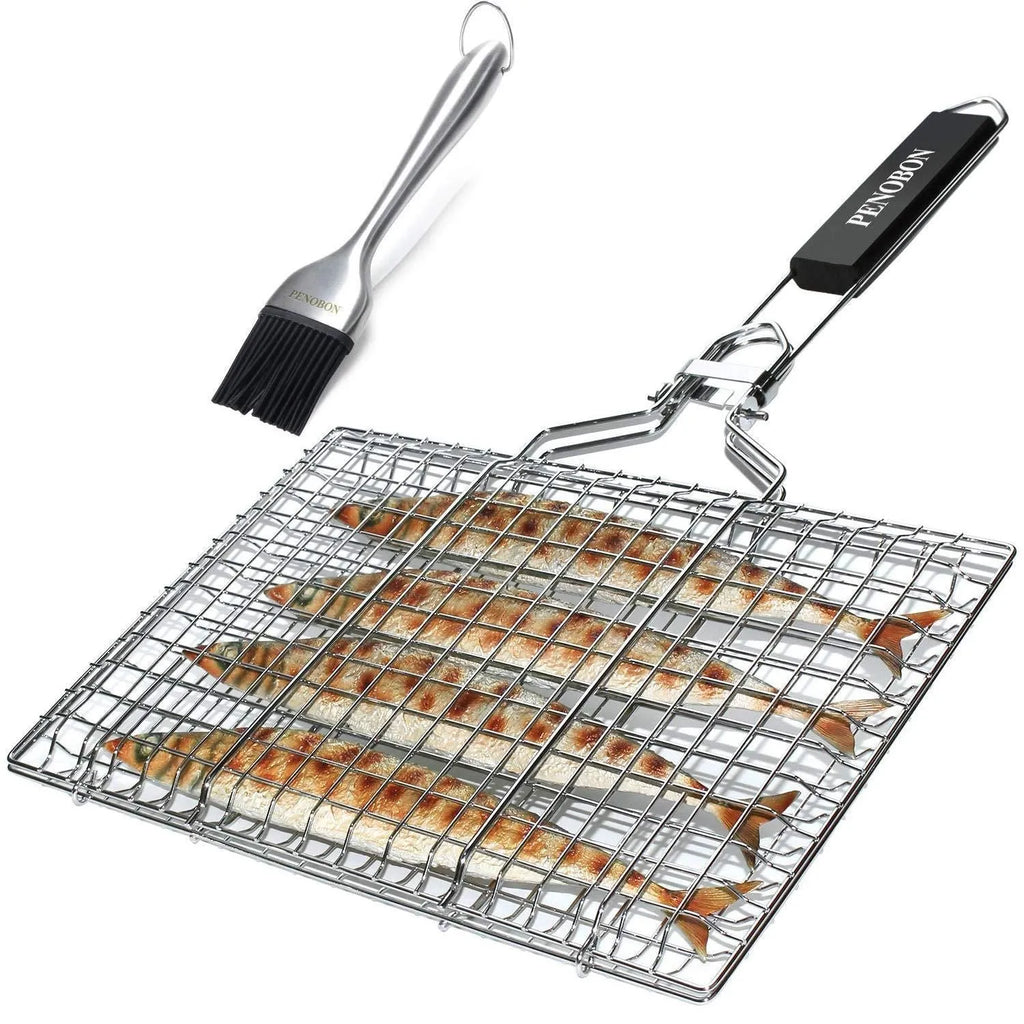 Square folding stainless steel wire mesh basket for barbecues with a cleaning brush.