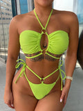 Yellow green women's triangle bikini with lace-up front detail