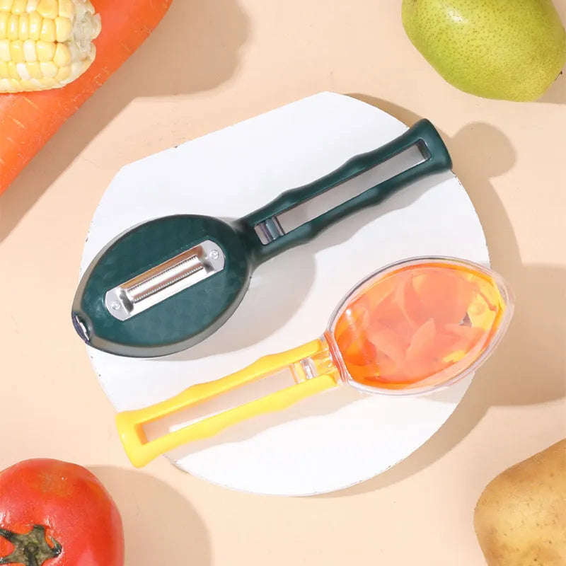 Yellow peeling knife with a stainless steel blade and a matching plastic storage lid on a kitchen worktop.