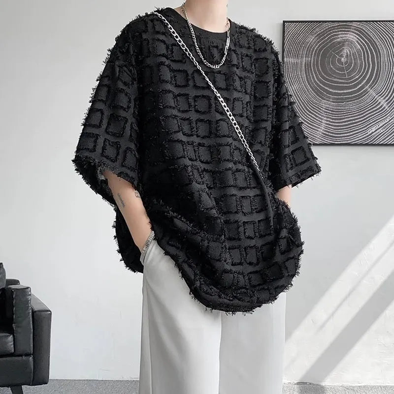 Men's T-shirt Cool Style High-end Black Short Sleeve Pullover Synthetic Fiber Blend Jacquard Top for Daily Occasion Loose Fit Asian Sizes M to 3XL