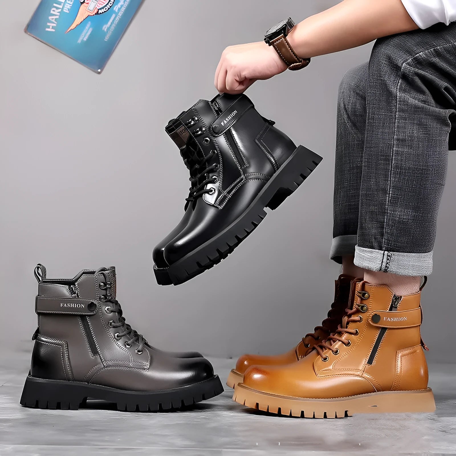 Men's light brown leather high-top boots with side zipper and thick rubber sole.