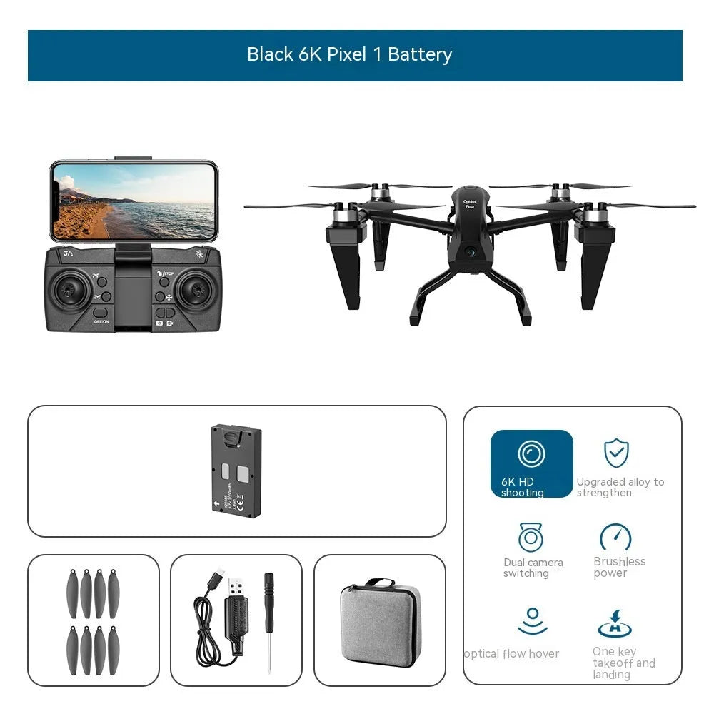 White KS66 alloy UAV drone with camera and remote control on grass, spare propellers and storage bag shown alongside.