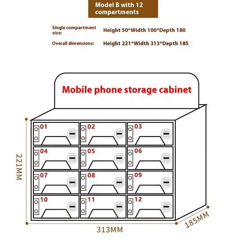 Clear acrylic mobile phone storage cabinet with charging holes, multiple compartments for office desk organisation