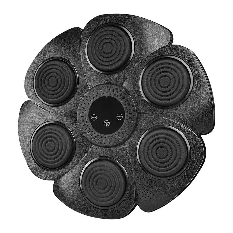 Black smart boxing wall target with lights, paired with half-finger boxing gloves, for indoor training.