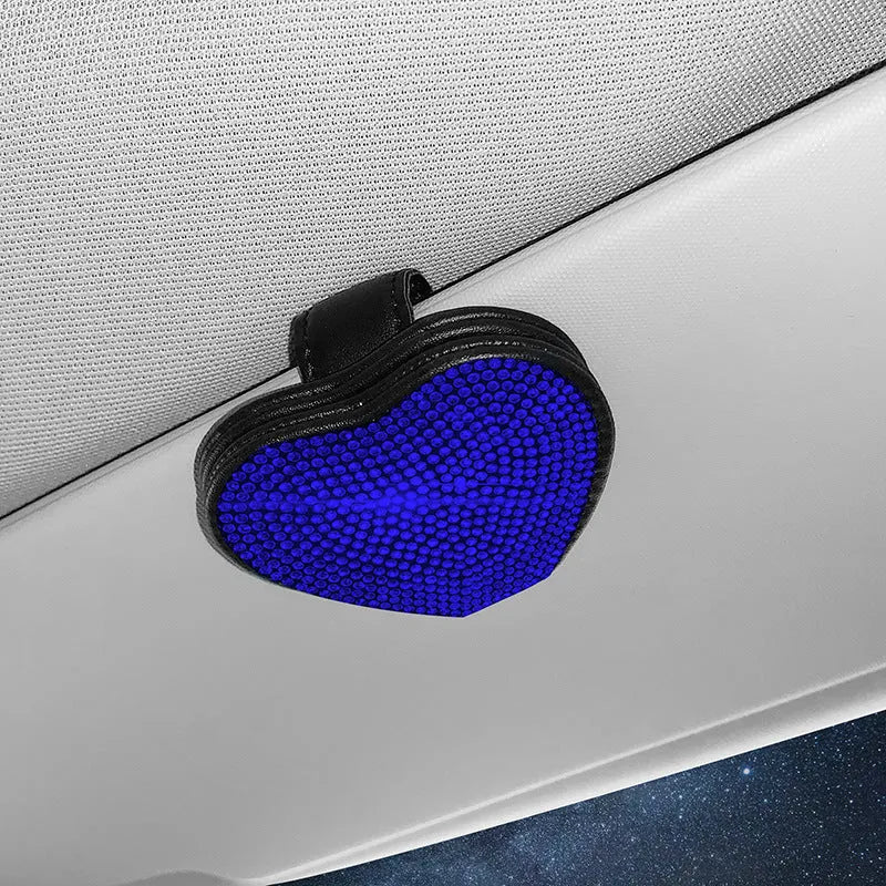 PU leather car sun visor clip with diamond pattern, holding sunglasses and cards.