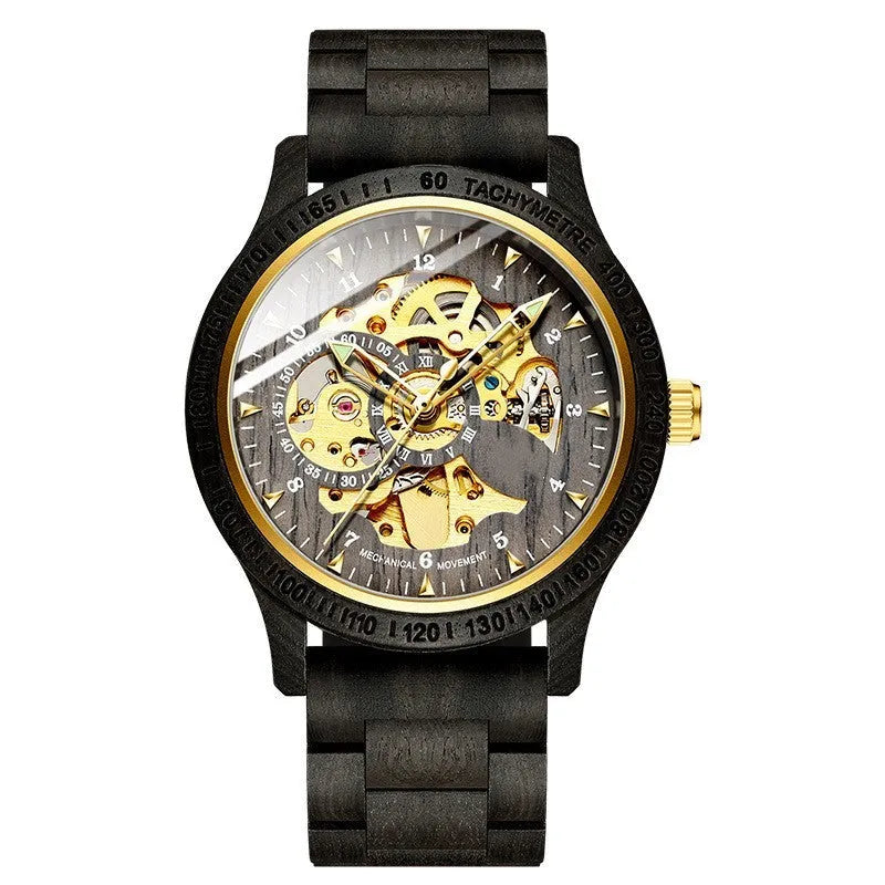 Men's sandalwood automatic mechanical watch with 44 mm wood and alloy case and leather strap