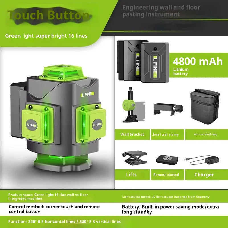 Green 16-line laser level with 360° emission angle on measurement surface