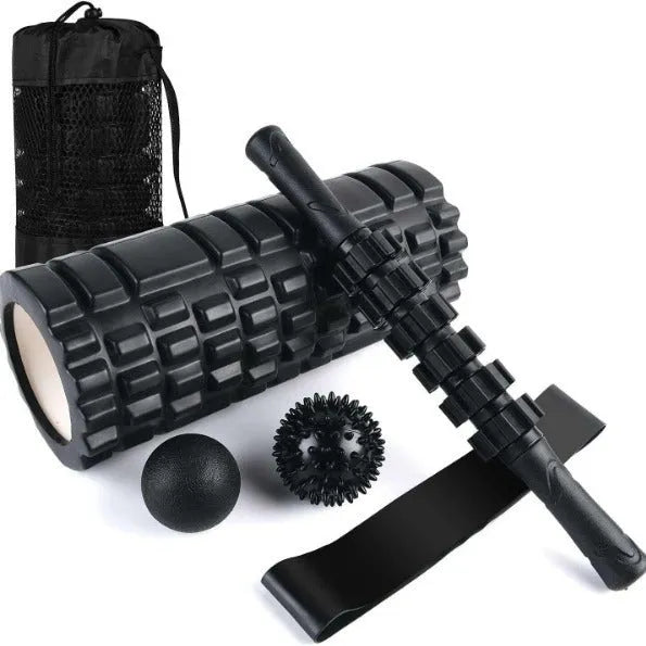 Black 33cm foam roller set with massage shaft and gear massage bar stick for fitness and health massage