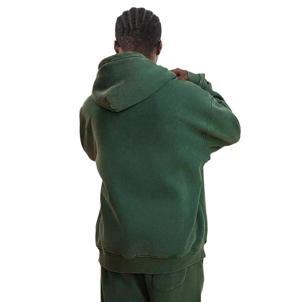 Men's washed vintage hooded cardigan sweater with a double zipper and fleece lining