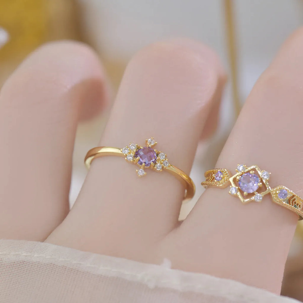 French style geometric open mouth copper ring with olive green or purple zircon detailing