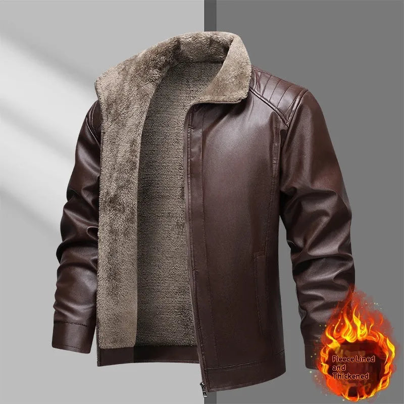 Fleece-lined real leather men's fur jacket in black, full front view, standard length, casual style