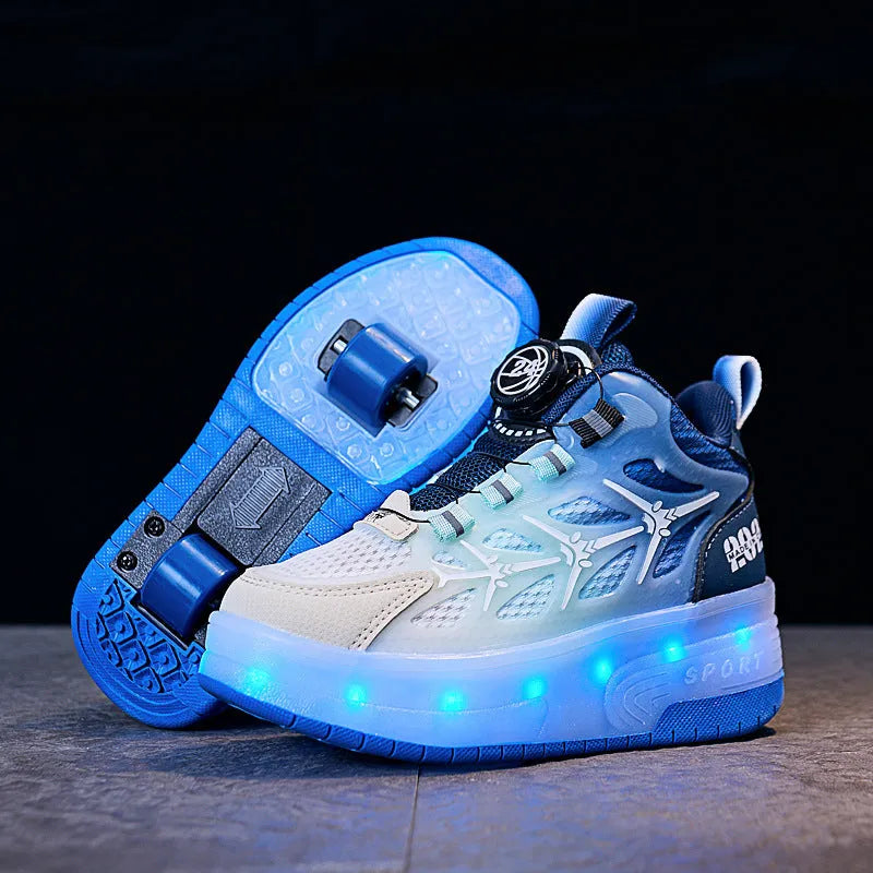 Children's striped roller skates with flash knob adjustment in blue, black, or pink colours on PVC soles