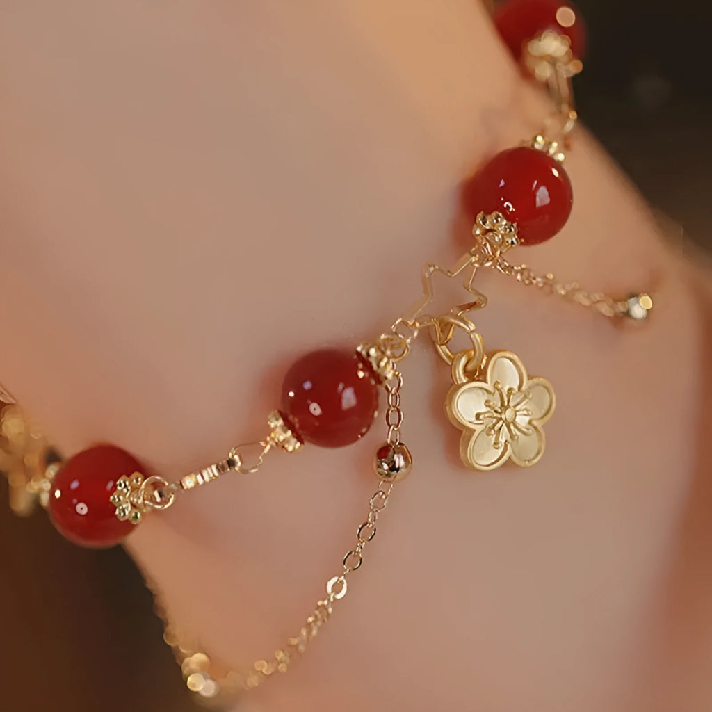 Red agate double layer women's bracelet with floral peach blossom ethnic design