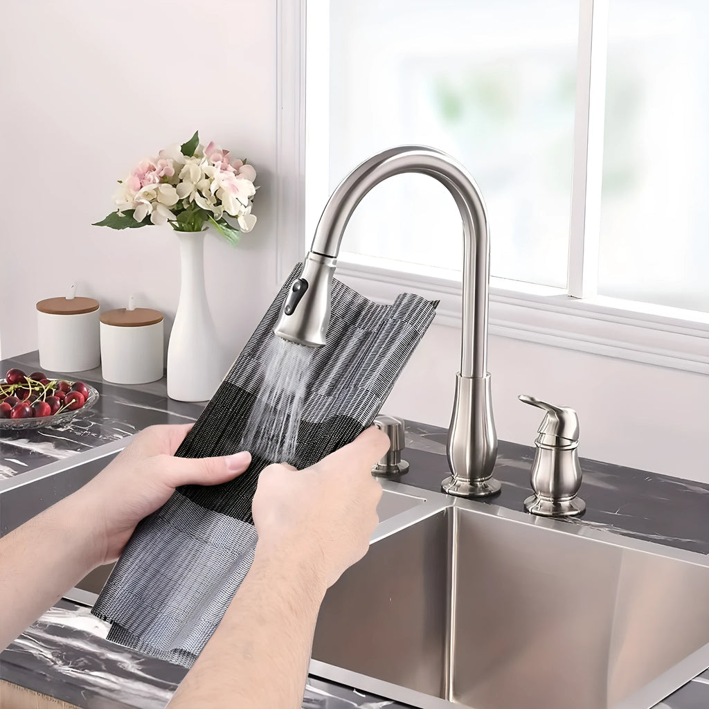 PVC non-slip kitchen sink mat in gradient bamboo pattern beside kitchen sink