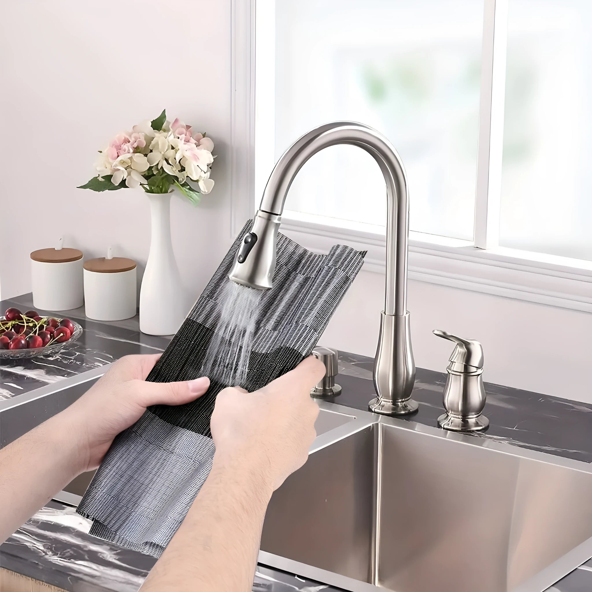PVC non-slip kitchen sink mat in gradient bamboo pattern beside kitchen sink
