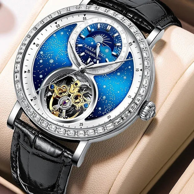 Automatic mechanical watch with black leather strap showing 14mm thick waterproof case on wrist