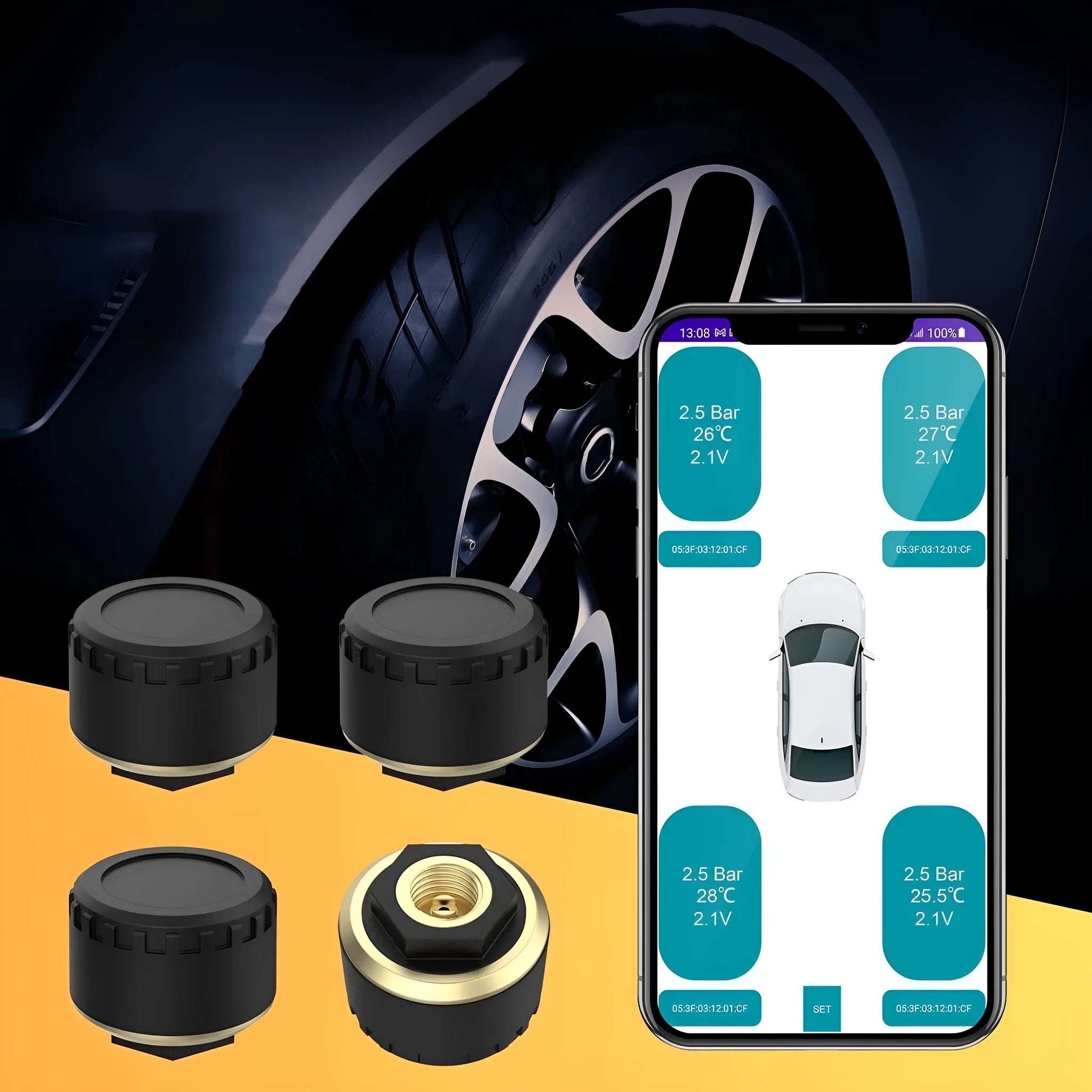 Four black Bluetooth tyre pressure sensors for car with mobile phone display