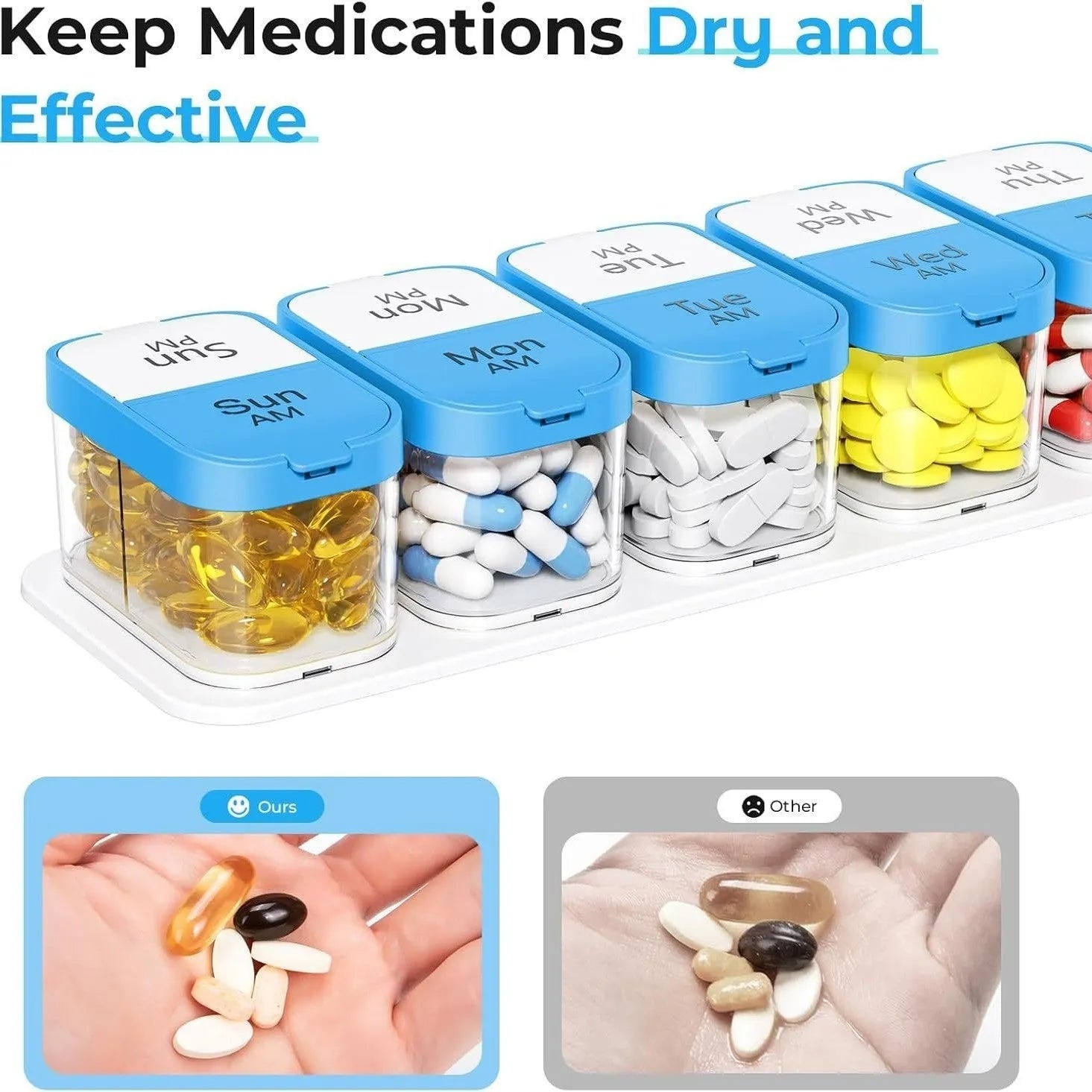 Extra large white and rainbow coloured plastic pill organiser box with 14 removable compartments.