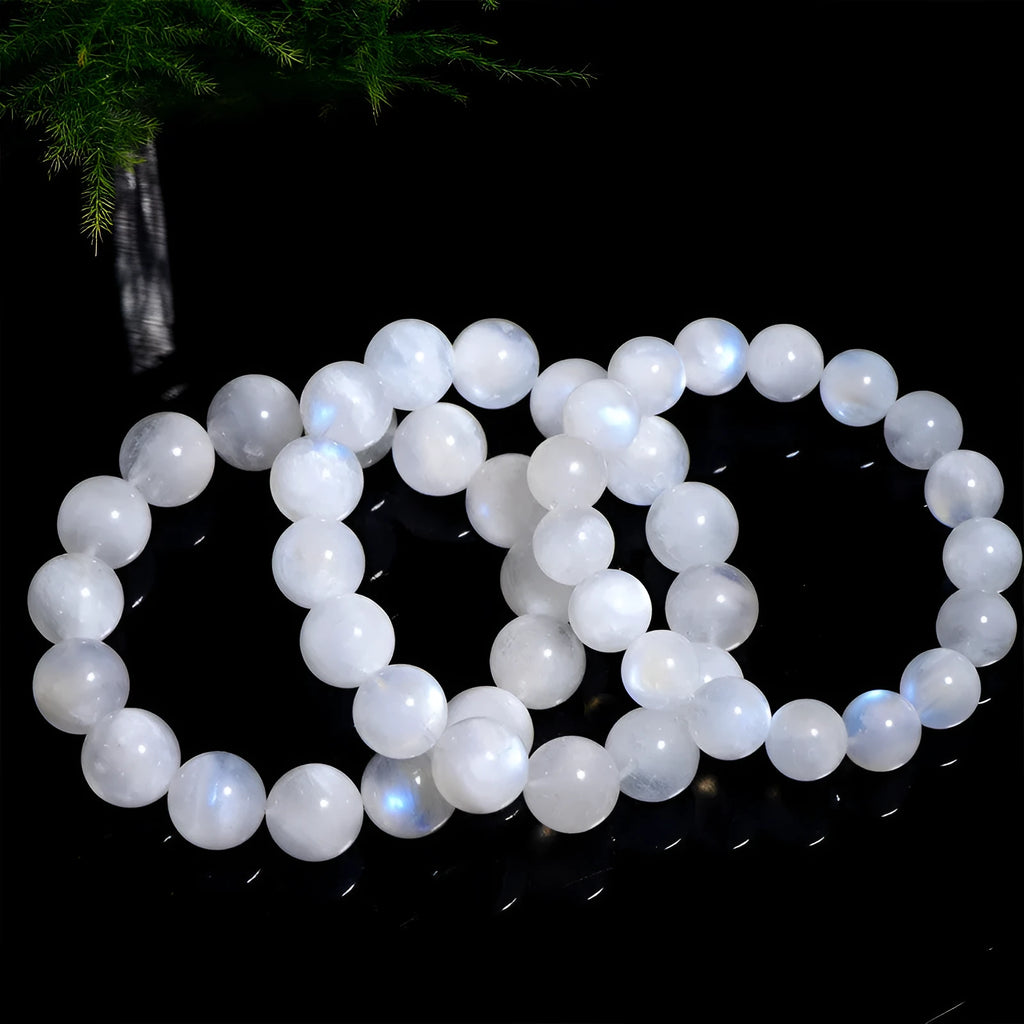 Natural blue moonlight round bead bracelet crafted from genuine moonstone with polished finish
